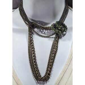 Vintage Glam Layered Gold Tone Adjustable Necklace With Green Rhinestone Rings